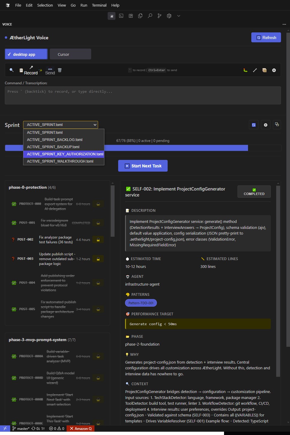 Sprint selector dropdown showing multiple active sprints (ACTIVE_SPRINT, BACKLOG, KEY_AUTHORIZATION)